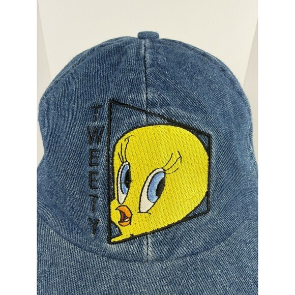 Vintage Tweety Bird Cap 90s Denim Hat Looney Tunes 100% Cotton Stretch Back - Picture 1 of 10
